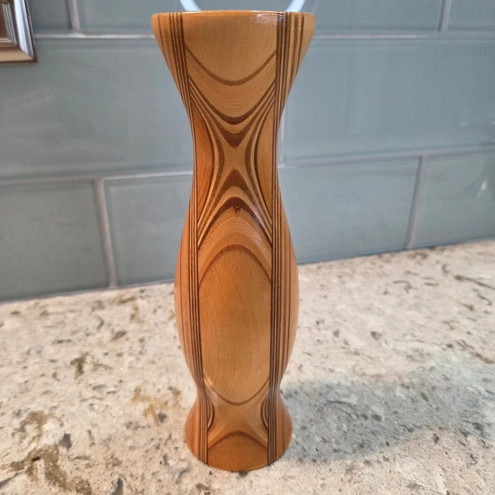 Vintage MCM Laminated Wood Bud Vase Glass Insert Artisan Turned Wood Decor 8.5